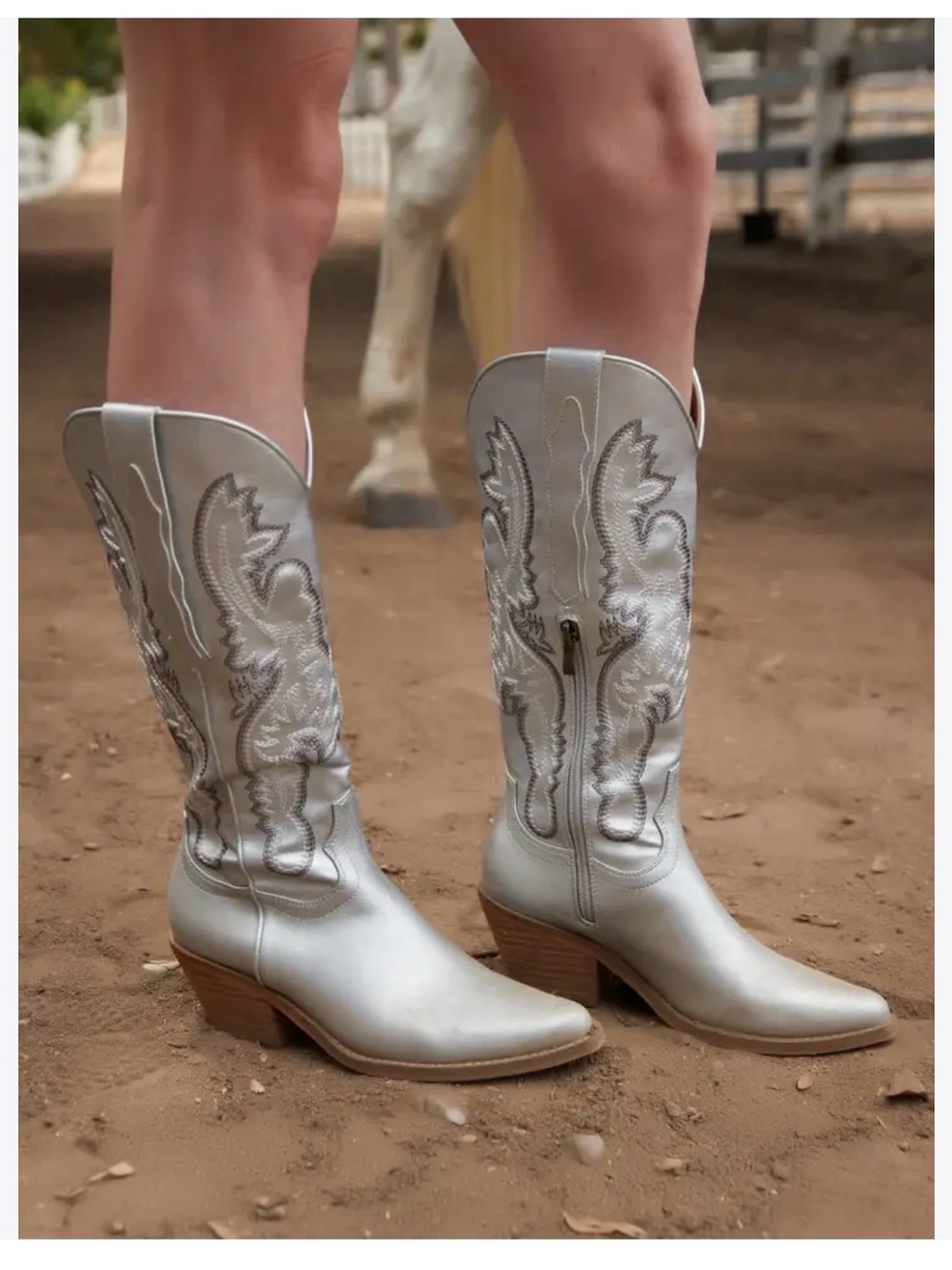 Ccocci Women's Silver Metallic Western Cowgirl Boots, Festival, Disco, Rodeo, 9